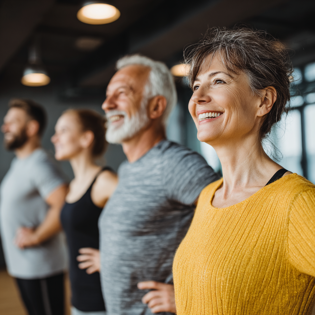 Group of smiling Ukrainian adults of various ages practicing fitness exercises in a natural outdoor setting